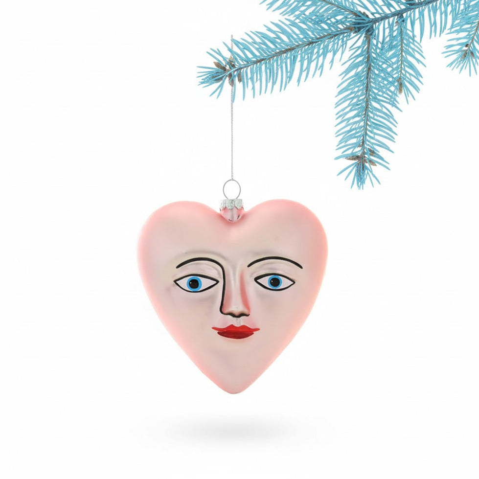 'Herz mit Gesicht' zartrosa, Weihnachtsbaumanhänger aus Glas