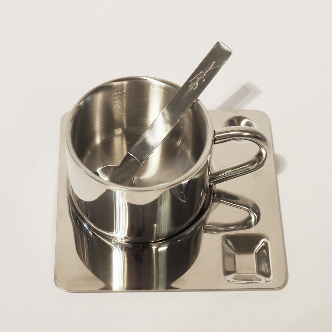Kaffeetassen-Set aus Edelstahl, mit Löffel und Unterteller