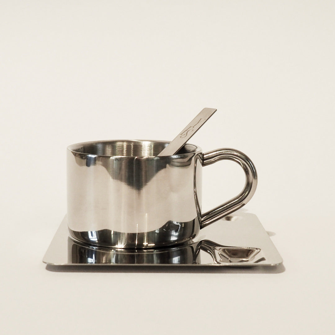 Kaffeetassen-Set aus Edelstahl, mit Löffel und Unterteller