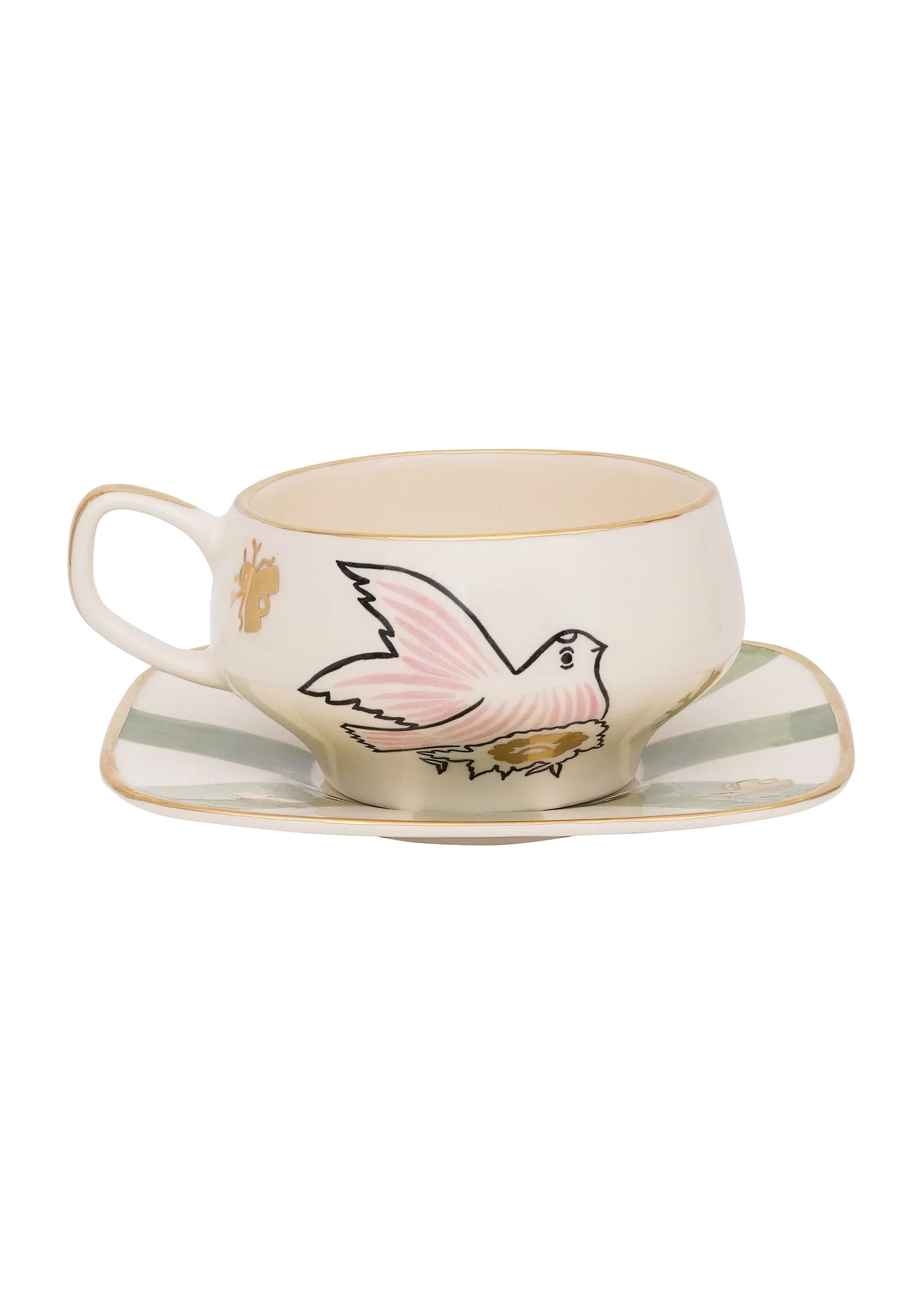 Gunia Project Birdsong Tea Cup – handbemalte Keramiktasse mit Untertasse, Ukraine