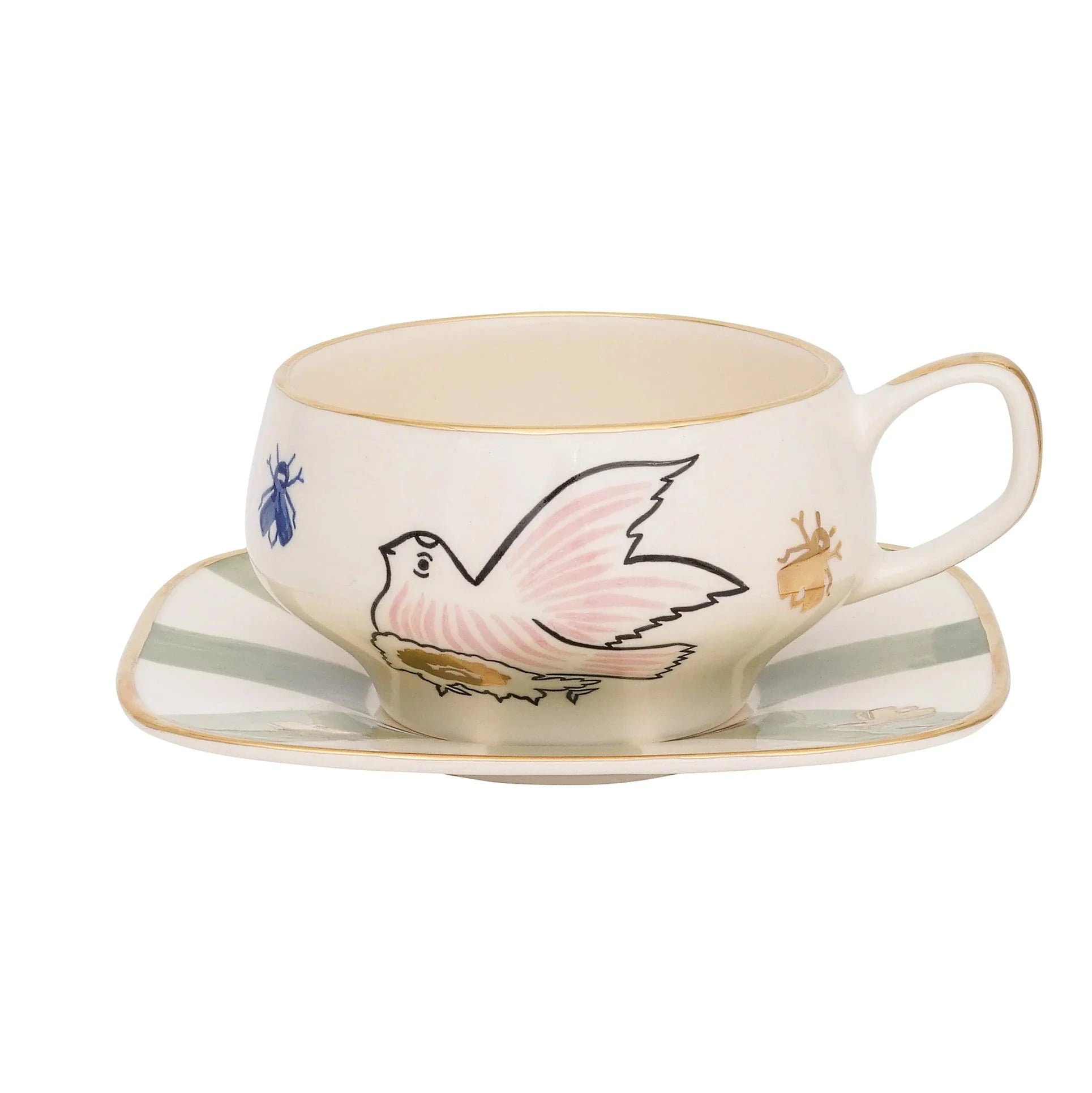 Gunia Project Birdsong Tea Cup – handbemalte Keramiktasse mit Untertasse, Ukraine
