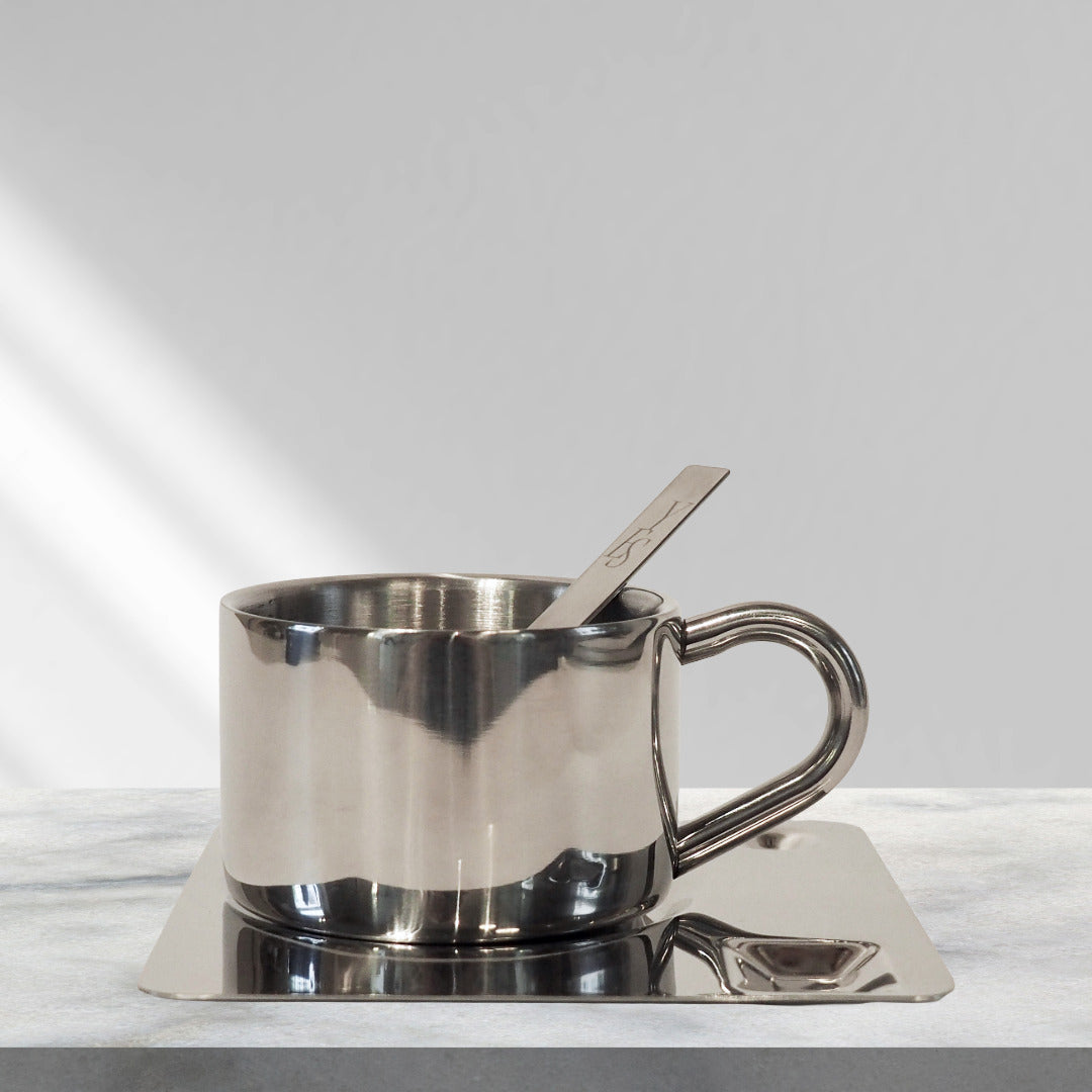 Kaffeetassen-Set aus Edelstahl, mit Löffel und Unterteller