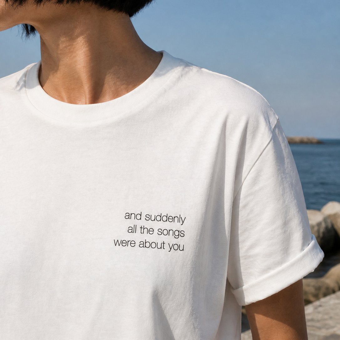 Shirt "and suddenly all the songs were about you" white, handprinted in Berlin, medium fit